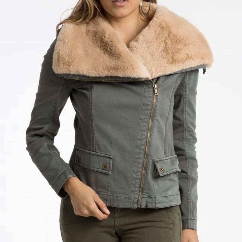 Anthropologie Marrakech Faux Fur Aviator Moto Jacket Medium Green Army Green